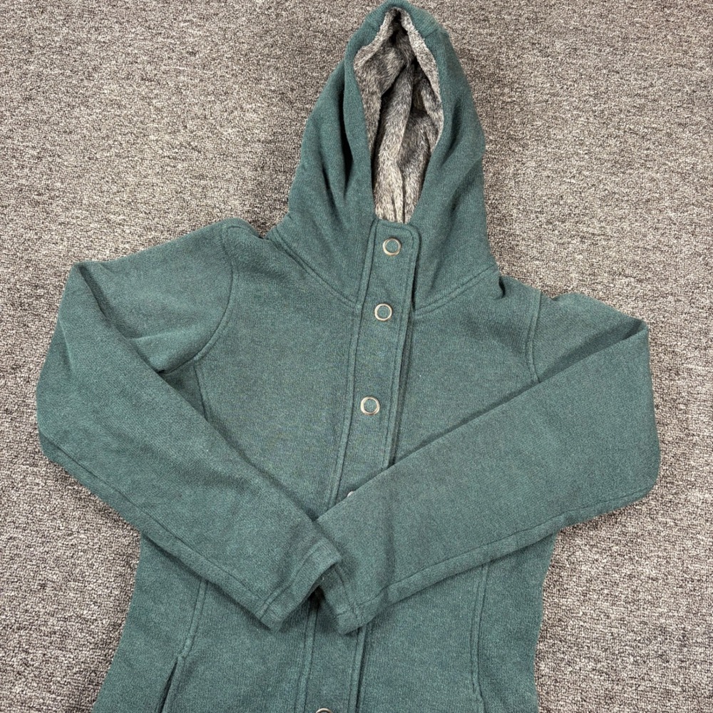 Kuhl Alska Hoody Women XS Teal Snap Front Faux Fur Lined Hood Fleece Jacket
